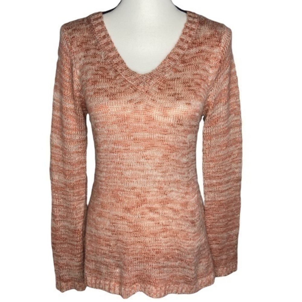 Pink Rose Sweater Top V Neck Marble Knit Long Sleeve Open Knit Detail Back Sz M